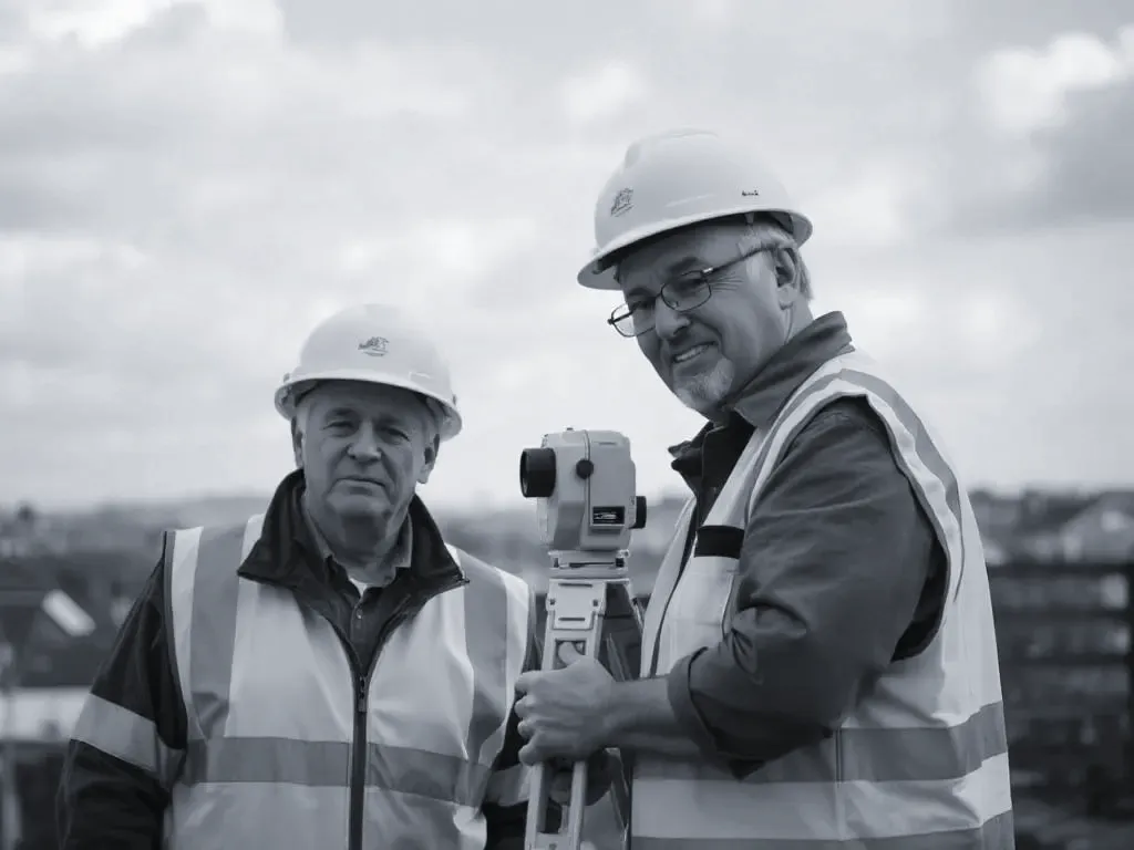 Two professionals working on boundary features near Leicester
