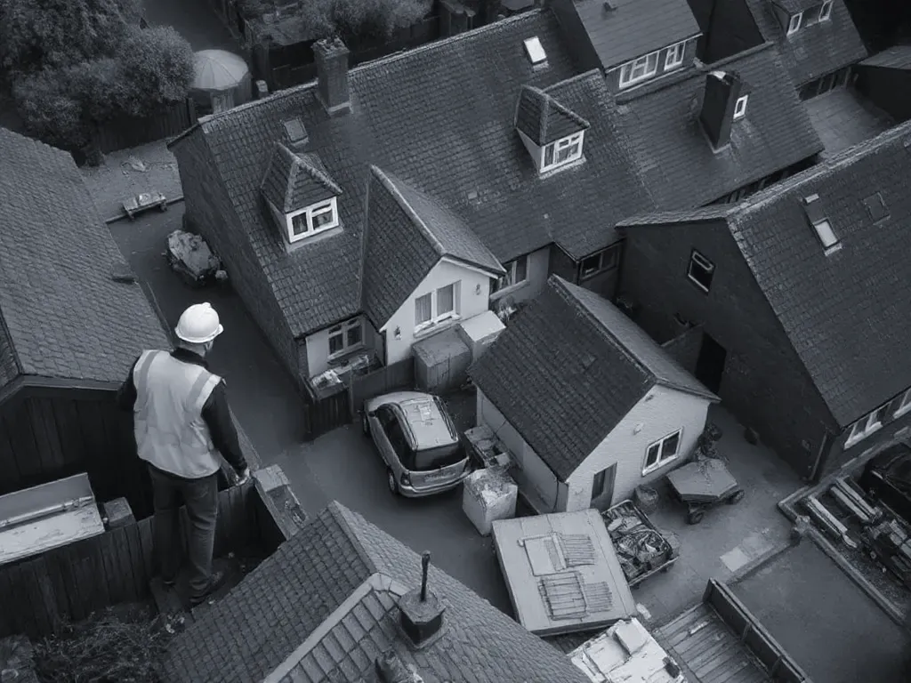 An elevated view across a site relevant to older or altered properties near Leicester